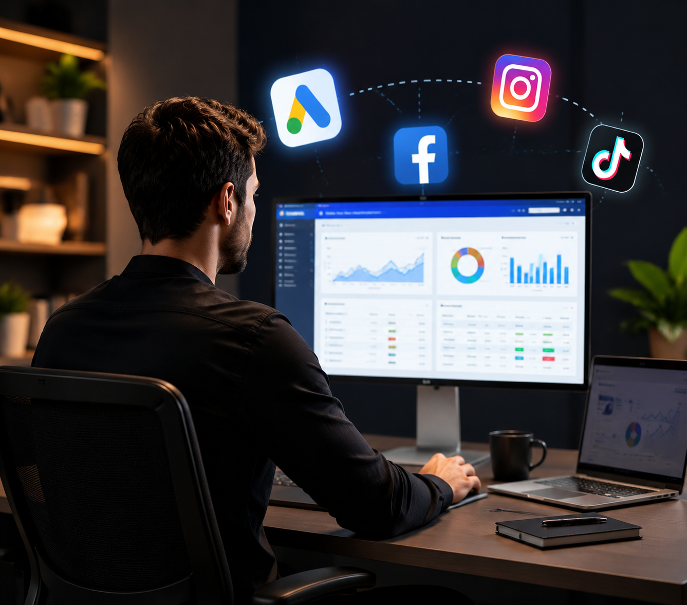 Profissional analisando dashboard de tráfego pago com ícones de Google Ads, Facebook, Instagram e TikTok